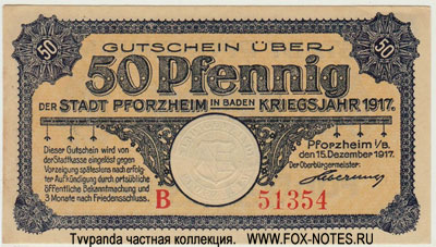 Stadt Pforzheim i. B. 50 Pfennig 1917. NOTGELD