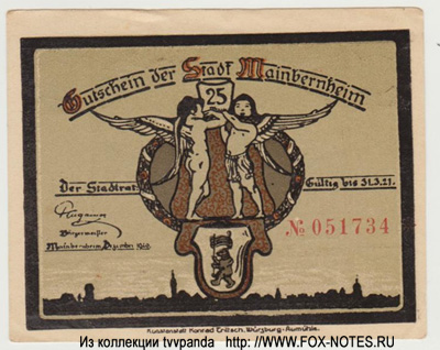 Gutschein der Stadt Mainbernheim. 1921. 25 Pfennig NOTGELD