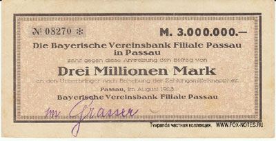 Bayerische Vereinsbank Filiale Passau in Passau 3000000 Mark 1923