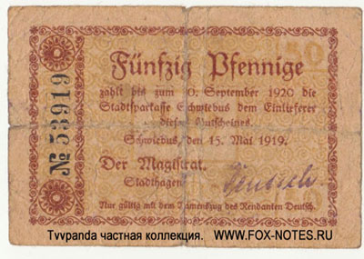 Stadtsparkasse Schwiebus 50 Pfennig 1919. NOTGELD НОТГЕЛЬД.