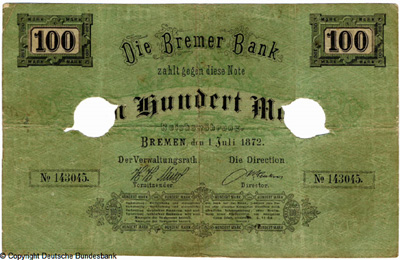 Bremer Bank  Note. 100 Mark. 1. Juli 1872.