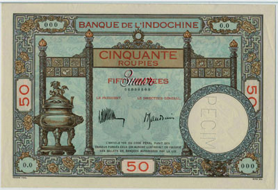 Banque de l'Indochine - Pondichéry 50 Roupies 1936 SPECIMEN