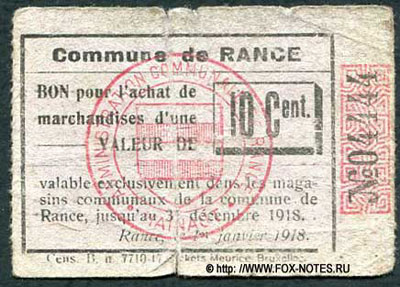 Commune de Rance. 10 Centimes 1918. BON