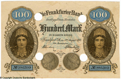 Die Frankfurter Bank Bankschein. 100 Mark. 1. August 1890.