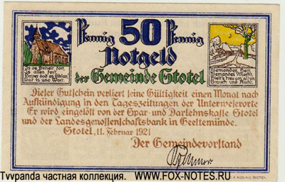 Gutschein der Gemeinde Stotel. 11. Februar 1921. 50 Pfennig Notgeld