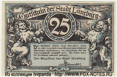 Gutschein der Stadt Lüneburg. 25 Pfennig NOTGELD