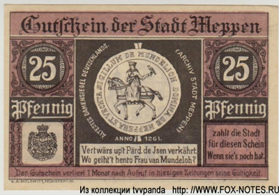 Gutschein der Stadt Meppen.  25 Pfennig 1921. NOTGELD