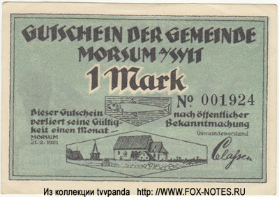 Gutschein der Gemeinde Morsum.  1  1921  