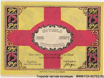 Notgeld der Stadt Papenburg. 75 pfennig 1921.