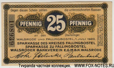 Sparkasse des Kreises Fallingbostel 25 Pfennig 1920 Notgeld