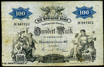Badische Bank Banknote 100 Mark 1907