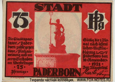 Paderborn 75 Pfennig 1921. NOTGELD