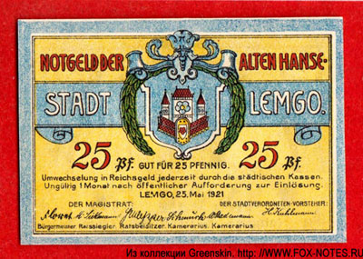 Notgeld dr Alte Hanse-Stadt Lemgo. 25. Mai 1921.
