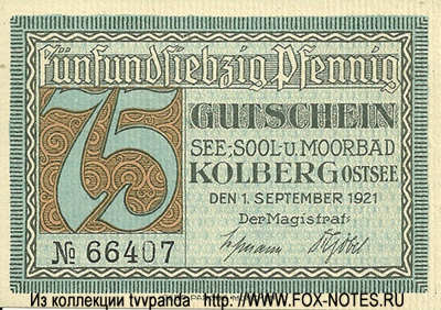 Stadt Kolberg 75 Pfennig 1921 NOTGELD