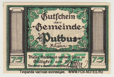Gutschein der Gemeinde Putbus. 75 Pfennig. NOTGELD