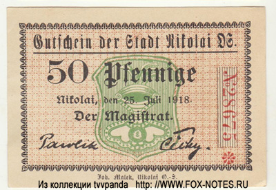 Stadt Nikolai in Oberschlesien 50 Pfennig 1918 Notgeld