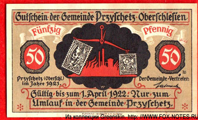 Gutschein der Gemeinde Przyschetz Oberschlesien. 1921. 50 