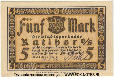 Stadtsparkasse Ratibor 5 Mark 1922. NOTGELD