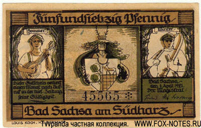 Stadt Bad Sachsa 75 Pfennig 1921. NOTGELD