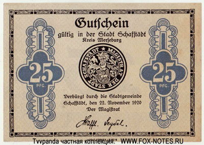 Stadt Schafstädt 25 Pfennig 1920. NOTGELD 