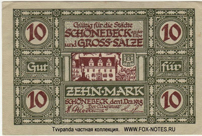 Stadte Schönebeck und Gross-Salze 10 Mark 1918 NOTGELD
