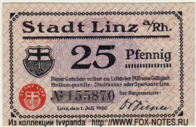 Stadt Linz am Rhein 25 pfennig 1920 notgeld  