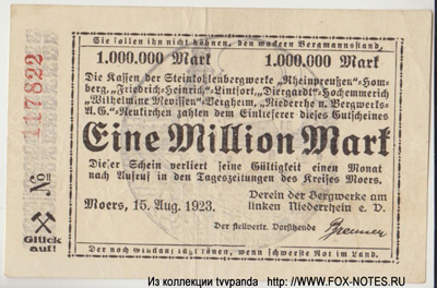 Verein der Bergwerke am linken Niederrhein e.V. 1 millionen mark 1923 notgeld