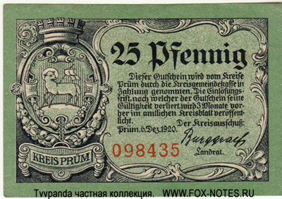 Kreis Prüm 25 Pfennig 1920. NOTGELD
