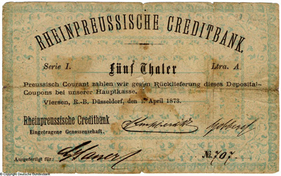 Rheinpreussische Creditbank Genossenschaftlicher Deposital-Coupon. 1 Thaler. 1. April 1873.