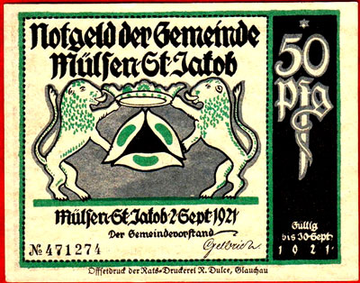Notgelds der Gemeinde Mülsen St. Jacob. 2. September 1921. 50 pfennig.