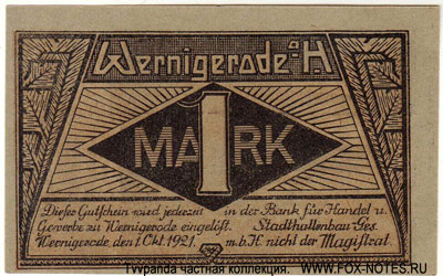 Stadt Wernigerode 1 Mark 1921 Notgeld