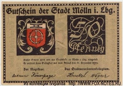 Gutschein der Stadt Mölln. 50 Pfennig 1921.