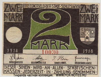 Kriegsnotgeld der Stadt Schleswig. 2 Mark 1918.