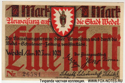 Anweisung auf Stadt Wedel. 10. Juni 1921. 1 Mark