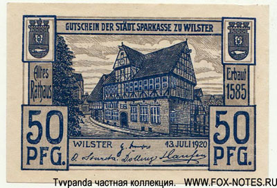 Gutschein der Städtische Sparkasse zu Wilster. 13. Juli 1920. 50 Pfennig notgeld