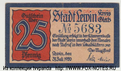 Stadt Lewin Kreis Glatz 25 Pfennig 1920 NOTGELD