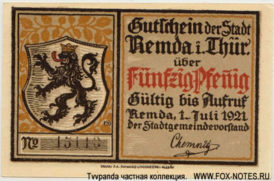 Gutschein der Stadt Remda i. Thür. 50 Pfennig 1921