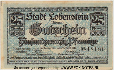 Stadt Lobenstein 25 Pfennig 1921 NOTGELD