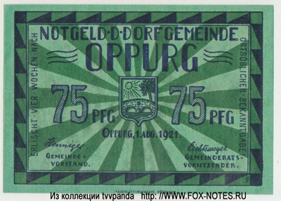 Notgeld dorf Gemeinde Oppurg. 75 pfennig 1921.