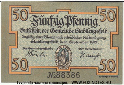 Gutschein der  Gemeinde Stadtlengsfeld.  50 Pfennig 1921. NOTGELD