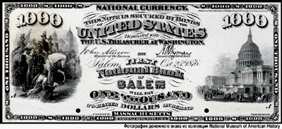 The First National Bank of Salem 1000 Dollars 1876