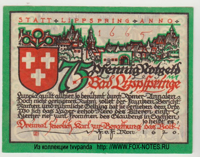 Stadt Lippspringe 75 Pfennig 1921 NOTGELD DEUTSCHLAND