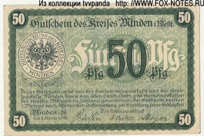 Gutschein der Kreises Minden.  50 Pfennig 1920 NOTGELD