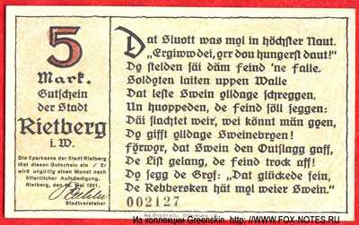 Gutschein der Stadt Rietberg i. W. 12. Mai 1921. 5 Mark Notgeld