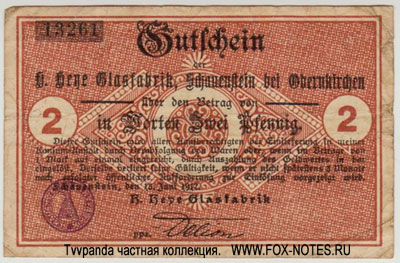 H.Heye Glasfabrik Schauenstein 2 Mark 1917. NOTGELD