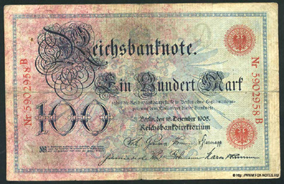 Reichsbanknote. 100 Mark. 18. Dezember 1905.