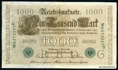 Reichsbanknote. 1000 Mark. 21. April 1910. Siegel grün