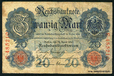 Reichsbanknote. 20 Mark. 21. April 1910. Ro. 40a