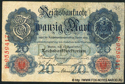 Reichsbanknote. 20 Mark. 21. April 1910. Ro. 40b