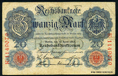 Reichsbanknote. 20 Mark. 21. April 1910. Ro. 41 Wasserzeichen Wertzahl 20 und Mark